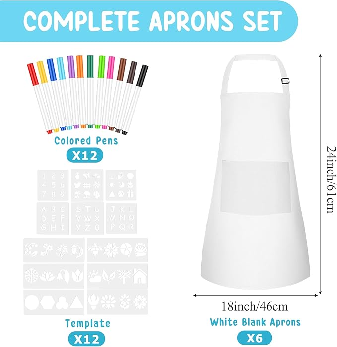 Morcheiong 6/12/24 Pack Adjustable Kid Apron Children Apron with Colored Pen and Craft Template Children Painting Apron-White