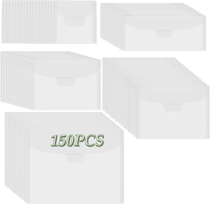 BAOFALI 150 Pcs/Set 5 Sizes Clear Stamp and Die Storage Pockets, Stamp Storage Bags, Plastic Envelopes, Scrapbooking Storage Die Cuts for Stencil Storage Card Making Cutting Dies