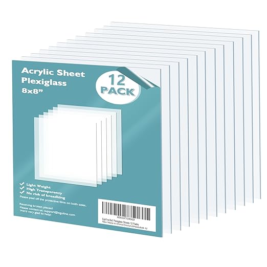 Egofine Plexiglass Sheets Acrylic Sheets 12 Pack of 8x8’’ 0.04 Thick Clear Plastic Cast Transparent Plexi Glass for Crafting Projects, Replacement Picture Frame Glass, DIY Display, Easy to Cut