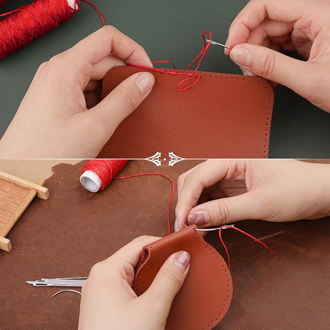 Ftyiwu Waxed Thread, Upholstery Needle and Thread 32 Yards with 7PCS Hand Sewing Needles for Home Upholstery Carpet Canvas Repair Leather Sewing (Red)