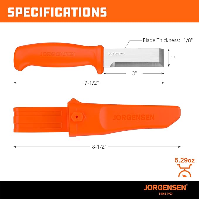 Jorgensen Wood Chisel Knife with Sheath, Wood Chisel for Woodworking with Ergonomic Handle, SK5 Carbon Steel Blade, Full Tang Design, for Carving, Whittling, Splitting