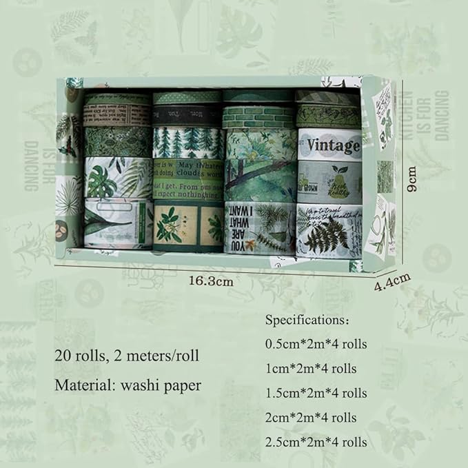 MAFELOE Decorative Vintage Washi Tapes Set 20 Rolls 2 Meters Long, Adhesive Scrapbook Junk Journaling Art Craft Collage Supplies-Forest Dream Series-Green (WT-M4-SLMJ)