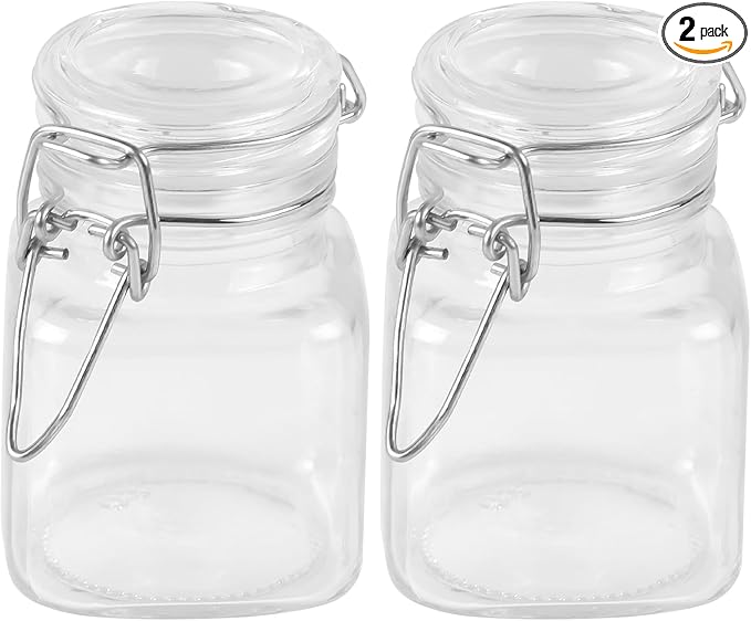 MIDELONG Spice Jars, 3oz Square Glass Jars with Hinged Glass Lid, Empty Spice Containers, Leak Proof Rubber Gasket for Home Kitchen Arts Crafts Decoration Snack Foods and Sauces, Pack of 2