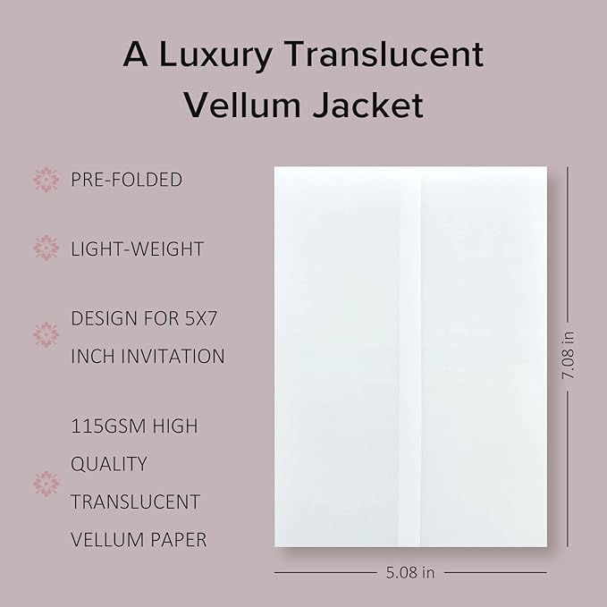 Puremigo 30 Pack Luxury Pre-Folded Vellum Jackets for 5x7 Invitations - Vellum Paper 5x7 Jackets - 115GSM Vellum Wedding Invitations Wraps - Transparent Wedding Invitations Jacket