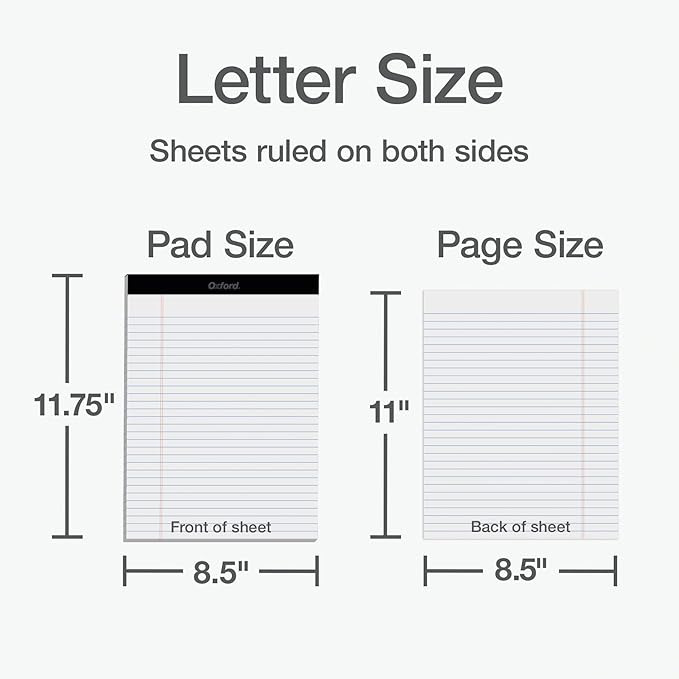 Oxford 8.5 x 11.75 Legal Pads, 12 Pack, Wide Ruled, White Paper, 50 Sheets Per Writing Pad, Made in the USA (74030)