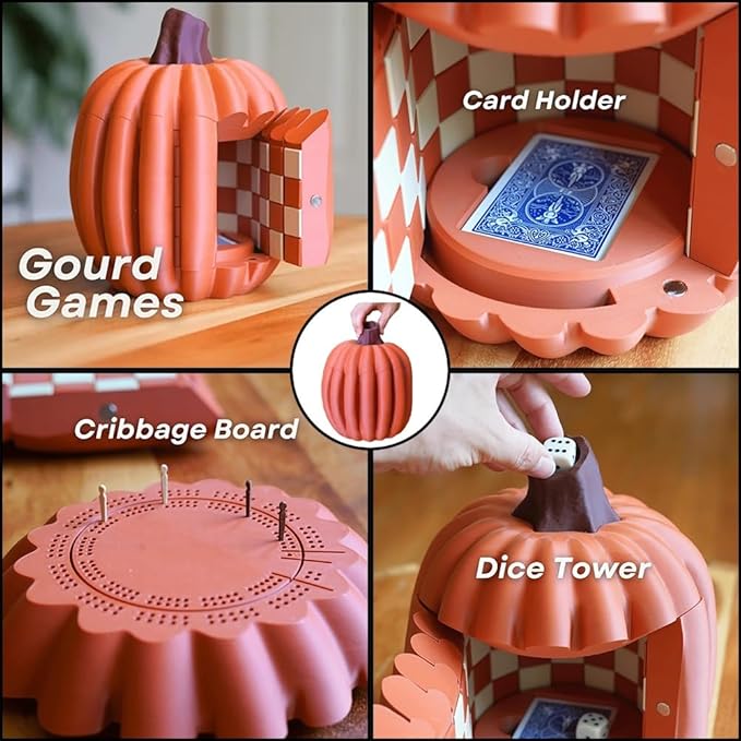 Pumpkin Game Set: Magnetic Chess Checkers, Dice Tower, Cribbage, Card Holder, Forgecore Gourd Games, Gourd Gambit Pumpkin Chess Expansion Pack, 3D Printing Portable Adult Pumpkins Board Game Set(2#2)
