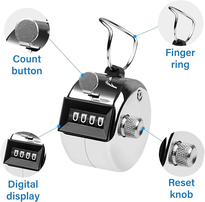 Tally Counter, 4-Digit Clicker Counter, Metal Hand Tally Counters Clicker Pitch Counter for Counting, Knitting, Coaching, Golf, Lap, Fishing