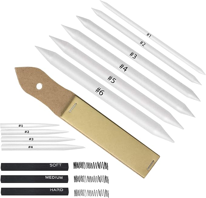 CAMATTO 14 PCS Blending Stumps and Tortillions Paper Art Blenders Tool with Sandpaper Pencil Sharpener Pointer Compressed Charcoal Sticks for Student Artist Charcoal Sketch Drawing Shading
