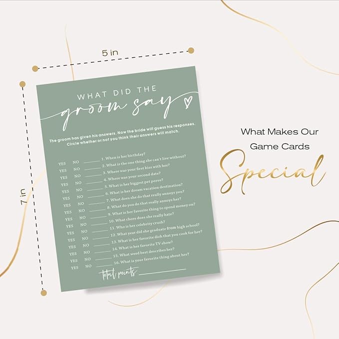 Bridal Shower Games Cards & What Did the Groom Say - 25 Guest Engagement Party Wedding Games - Minimalist Green Wedding Party Supplies - C12