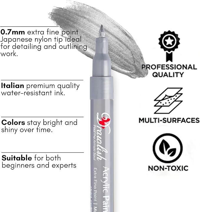 Acrylic Paint Pens - Permanent Markers 2 Gold Pens & 2 Silver Paint Marker Pen Set of 4 Acrylic Pen 0.7mm Extra Fine Tip - Ideal for Rock Painting, Fabric, Glass, Wood, Canvas, Ceramic, Porcelain