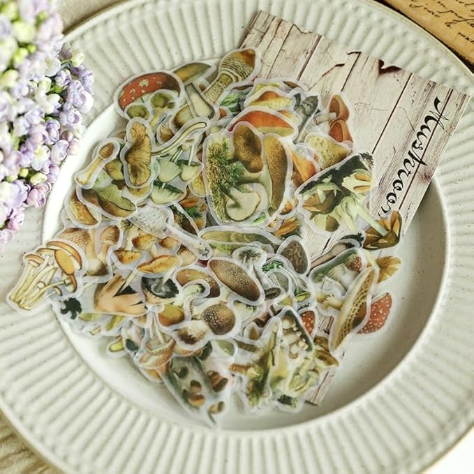 Vintage Vellum Stickers Floral Plants Elements Scrapbooking Supplies Flowers Botanic Natural Translucent Paper Self-Adhesive Junk-Journal Items (Small Mushroom)