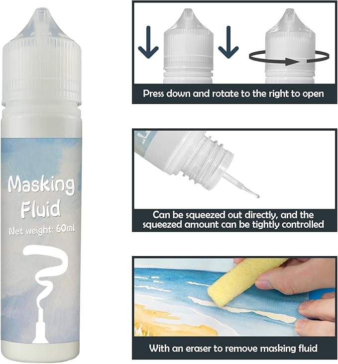 White Masking Fluid for Watercolor Painting 120ml, Resistant Ink and Pouring Paint, Watercolor Masking Fluid Keeps Areas Colorless and Edges Sharp