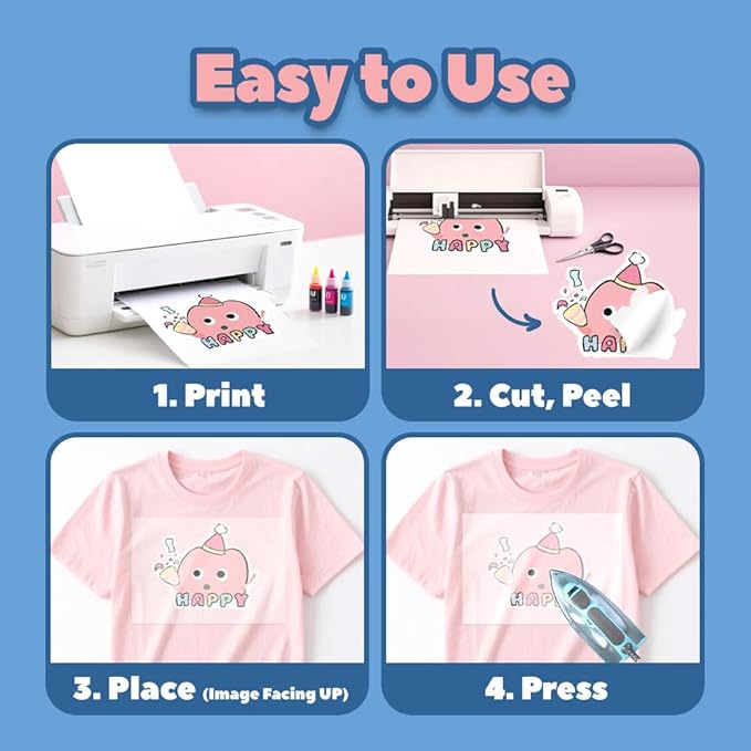 TranSmile PU-Heat Transfer Paper for T Shirts (50 Sheets, 8.5x11'', Light), Iron on Transfers for Light Fabric, Printable Heat Transfer Vinyl for Inkjet Printer