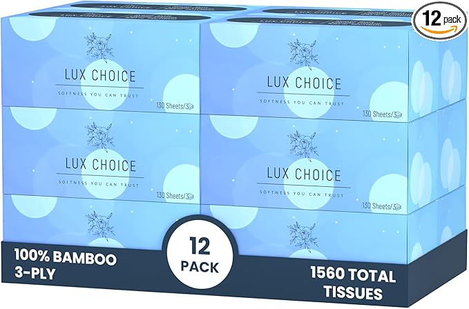 Bamboo Facial Tissues – 130 Tissues per Box, 3 Ply,12 Boxes (1560 Total), Ultra Soft, Eco-Friendly & Hypoallergenic – for Home, Baby Care & Sensitive Skin