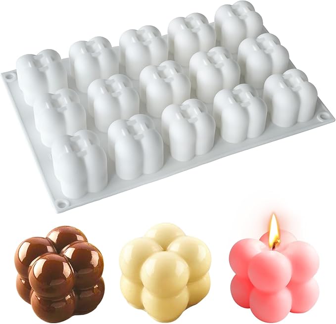 JDH 3D Bubble Candle Silicone Molds 15 Cavity Cube Silicone Candle Molds Soap Mold for Candle Making,Soap Making Bubble Cake Mold Baking Mousse Cake Dessert Jelly Ice Cream