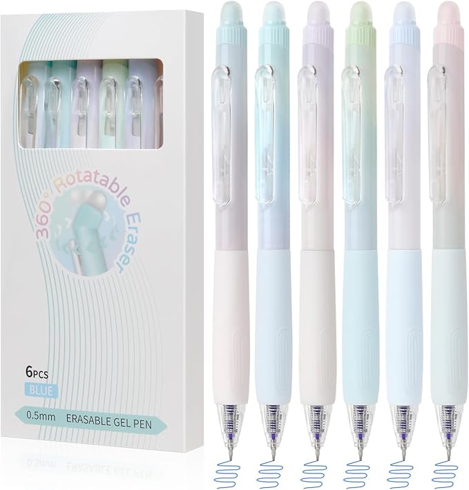 Solati Erasable Pens, 6 Pack Fine Point 0.5mm Black Erasable Gel Pens with 360°Rotating Erasers, Make Mistakes Disappear, Comfort Grip for Drawing, Writing, Planning, and Crossword Puzzles (Blue Ink)