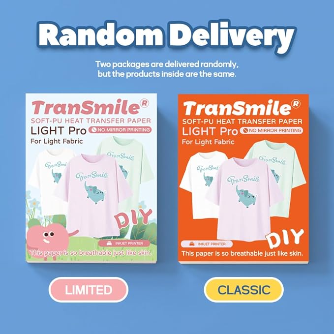 TranSmile PU-Heat Transfer Paper for T Shirts (40 Sheets, 8.5x11'', Light), Iron on Transfers for Light Fabric, Printable Heat Transfer Vinyl for Inkjet Printer