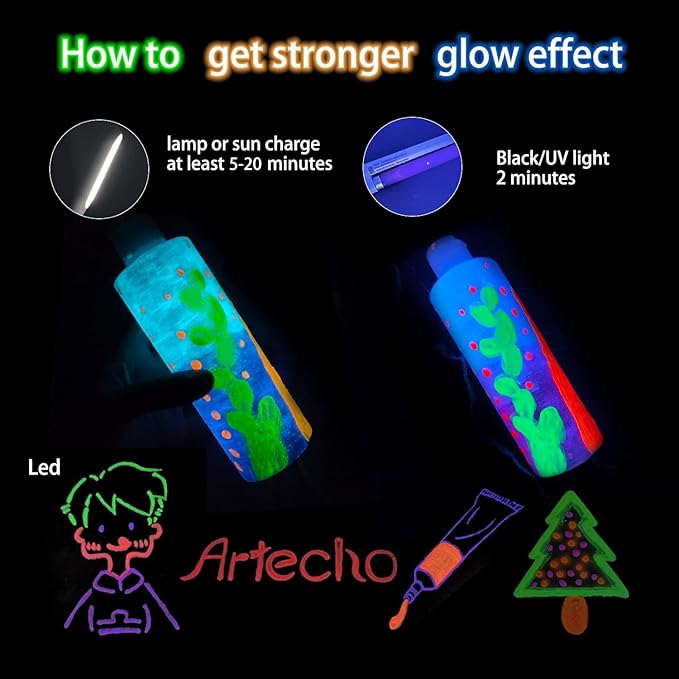 Artecho Glow in the Dark Paint, Neon Orange Paint (120ml / 4.05oz) Tubes, Art Craft Paints for Canvas, Rock, Stone, Wood, Fabric, Art Supplies