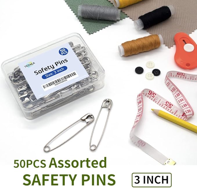 3 Inches Large Safety Pins, Pack of 50, Big Heavy Duty Safety Pins for Brooch Making, Blankets, Crafts, Cloth Curtain (SP)