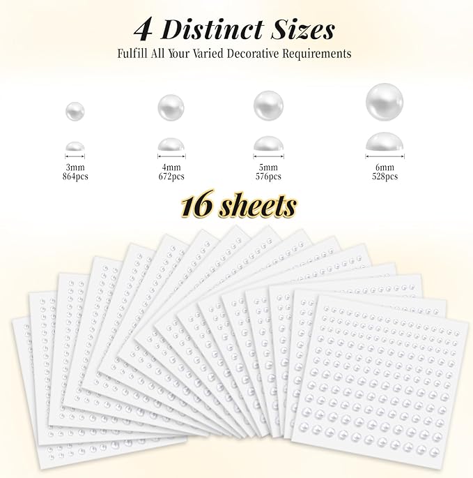Pearl Stickers Self Adhesive Hair Pearls Gem White Jewel Sticker for Making Hair Decor Face,Body, Nail, Phone Art Craft Scrapbooking Embellishments Assorted Size 3mm/4mm/5mm/6mm (2640)