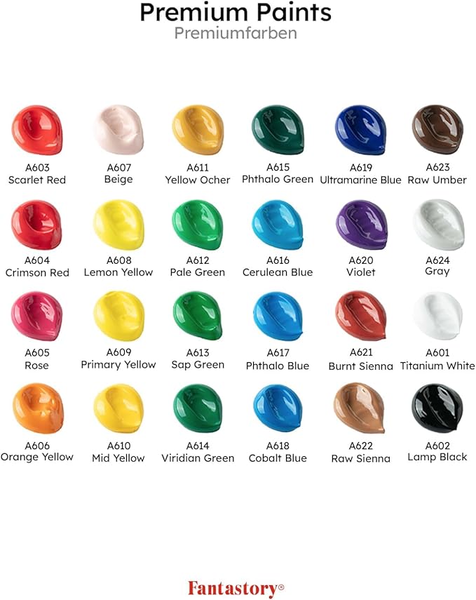 Fantastory Acrylic Paint Set, 24 x 60 ml with 12 Brushes; Christmas Acrylic Paint, Waterproof; For Artwork & DIY Projects on Canvas, Wood, Glass, Clay, Fabric, Ceramic, Paper, Canvas