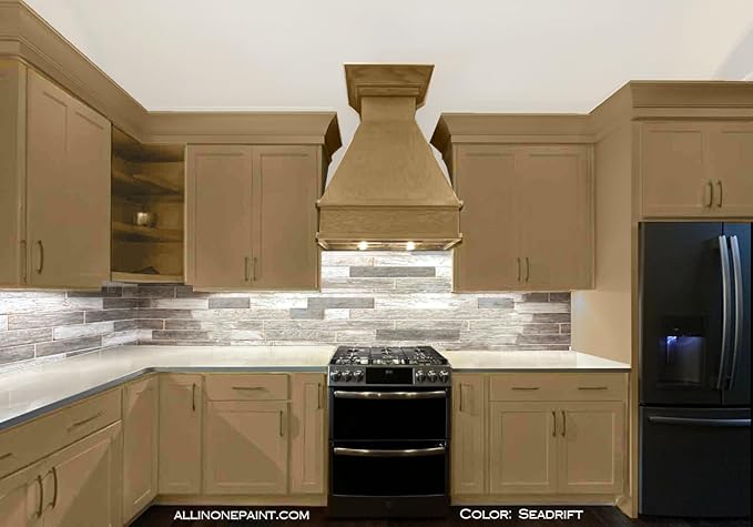 ALL-IN-ONE Paint, Durable cabinet and furniture paint. Built in primer and top coat, no sanding needed. Includes our 30 featured color card - Seadrift (warm, earthy tan), Quart