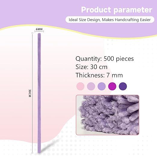 Pipe Cleaners Craft 500PCS 5 Colors Purple Pipe Cleaners Bulk 30CM Limpia Pipas para Manualidades Fuzzy Wire Chenille Stems for Arts Crafts and Creative DIY Projects Decorations