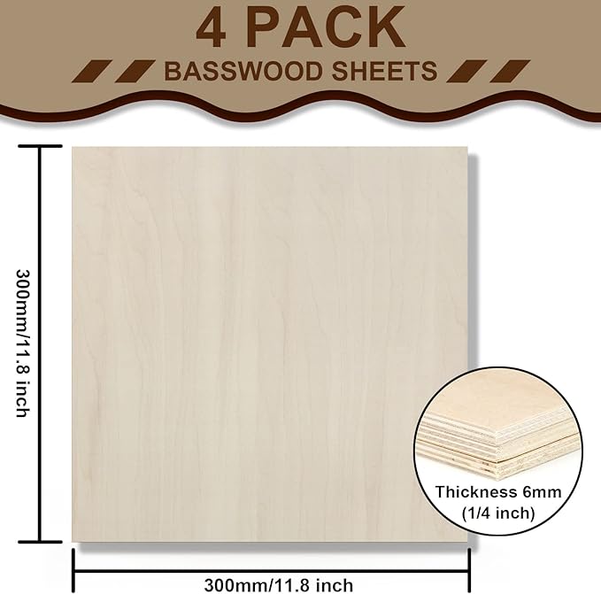 Basswood Sheets 8 Pack 12×12 x 1/4 Inch Unfinished Plywood Sheets Thin Craft Wood Board Laser Engraving Blanks Balsa Wood Sheet for Laser Cutting and Engraving, Wood Burning, Architectural Models