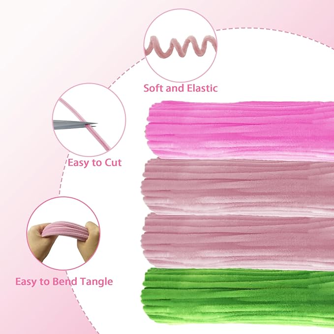 LOLEDE 400Pcs Pipe Cleaners Craft Kit, 3 Colors Chenille Stems for DIY Artificial Flower Making with Floral Wires, Gardening Tape, LED String Lights, Pearl Beads & Ribbon (Pink)