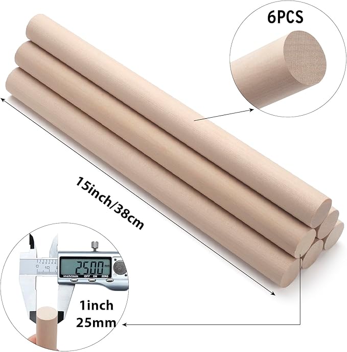 Wooden Dowel Rods Wood Dowels for Crafts, 6 PCS 1 x 15 Round Wooden Sticks for Crafts, Thick Macrame Dowels, Unfinished Hard Wood Sticks for Crafting, Arts and DIYers, Closets and Wedding