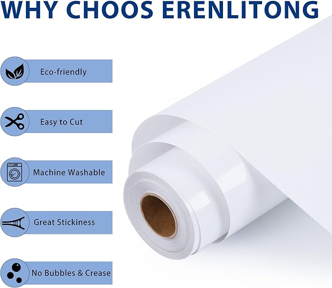 RENLITONG White Iron on Vinyl 12Inch by 20ft Roll HTV Heat Transfer Vinyl for T-Shirt HTV Rolls for All Cutter Machine - Easy to Cut & Weed for Heat Transfer Design