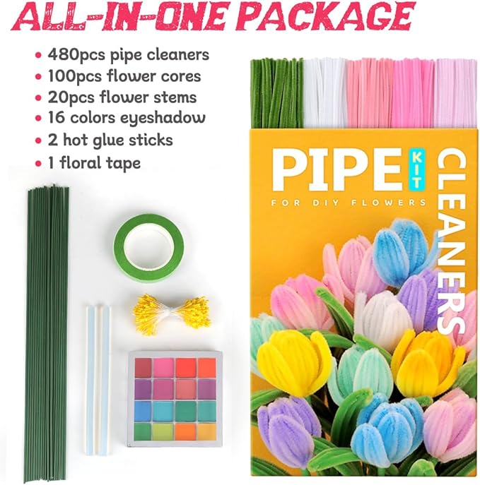 IOOLEEM Pipe Cleaners, 480pcs Pink, Flower Making Kit, Arts and Craft Supplies, Ideas for Art Project Activity.