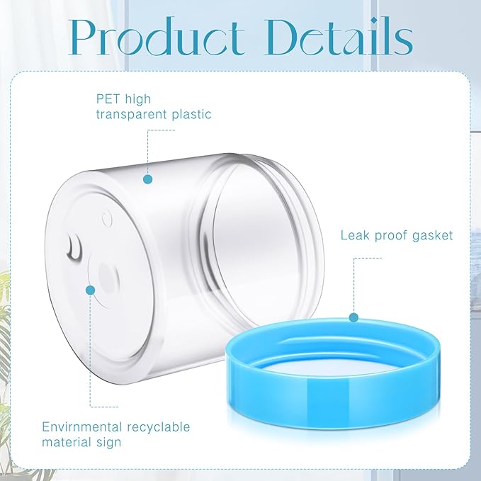 SATINIOR 24 Pieces Empty Clear Plastic Jars with Lids Round Storage Containers Wide Mouth for Beauty Product Cosmetic Cream Lotion Liquid Butter Craft and Food(Blue Lid,6 oz)