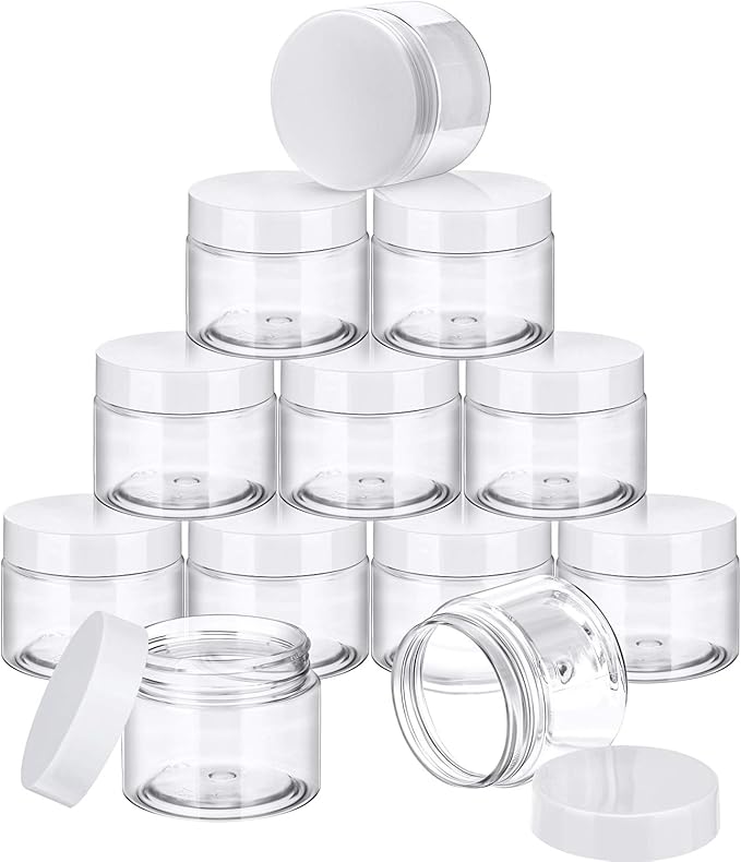SATINIOR 24 Pieces Empty Clear Plastic Jars with Lids Round Storage Containers Wide-Mouth for Beauty Product Cosmetic Cream Lotion Liquid Butter Craft and Food (White Lid, 2 oz)