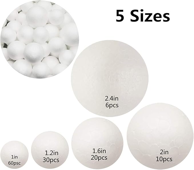 126 Pack Craft Foam Balls, 5 Sizes Including 1-2.4 Inches, White Polystyrene Smooth Round Balls, Foam Balls for Arts and Crafts, DIY Craft for Home, Supplies School Craft Project and Holiday Party