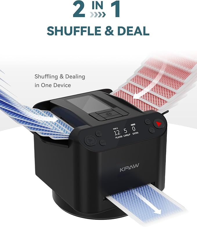 Automatic Card Shuffler and Dealer - 1-2 Decks Support 12 Players, 4 Drawing Remotes, Built-in Gameplays, 360°/180° Deal, for Poker, UNO, Phase 10, Skip-Bo, Rummy (Black)