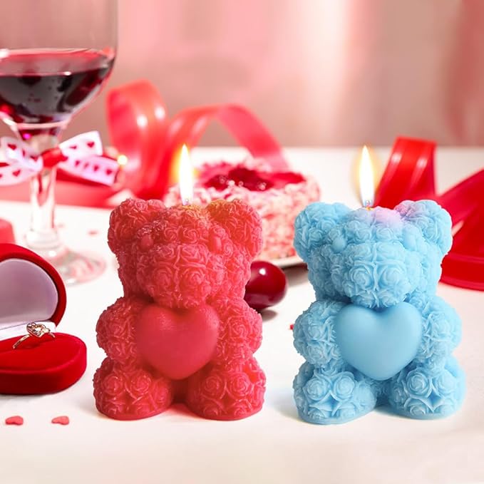 Rose Bear Silicone Mold - 3D Teddy Bear Candle Making Molds, Cute Epoxy Resin Molds for DIY Handmade Soaps, Mother's Day Gifts, Father's Day Gifts, Birthday Gifts (Extra Large)