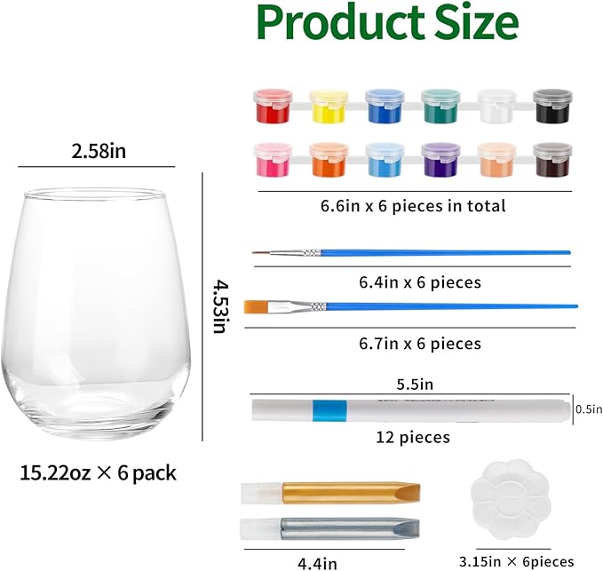 WJXCYGG 6 Sets Paint Your Own Wine Glass Set 6 Wine Glass 36 Glass Painting Acrylic Paint Strips 2 Glass Liner Pen 12 Markers with 12 Brushes and 6 Palette for Adults Lady Night Couple (Stemless)