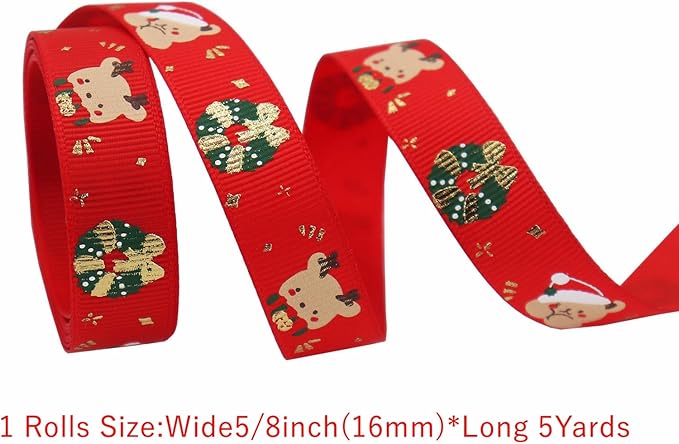 Christmas Gift Wrapping Ribbon, Red, Green, 2 Rolls Printed Grosgrain Ribbons for Crafts, Floral Bouquets, Sewing, Party and Festive Holiday Decor (2 Rolls(White/Red), 1 Rolls=5/8in * 5Yards)
