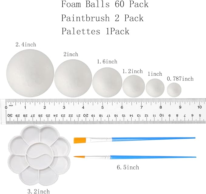 FFchuanhe 63Pack Craft Foam Balls Assorted Sizes (0.8-2.4 in) 60Pack, Foam Balls for Arts and Crafts, Christmas, School Craft Project and Holiday Party