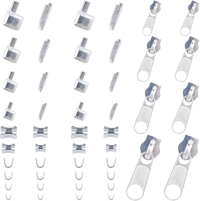48 Pieces Metal Zipper Repair Accessories Set, Zipper Head Slider Retainer Box Insert Pin Top Bottom Stoppers for DIY Sewing Replacement Zipper Repair Kit 3# 5# 8# 10# (Platinum)