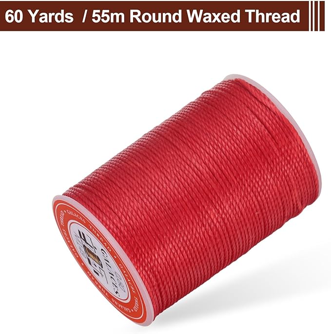 uxcell Round Leather Sewing Waxed Thread, 55m / 60 Yards Wax Polyester String, 0.8mm Waxed Stitching Cord for Leather Crafts, Bookbinding, Bracelets Braided, Red
