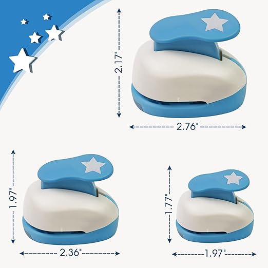 Set 3 Star Paper Punch 0.3'' / 0.63'' / 1'', Scrapbooking Hole Punches Crafting, Design for Office Supplies, Card Making, DIY Photo Album.