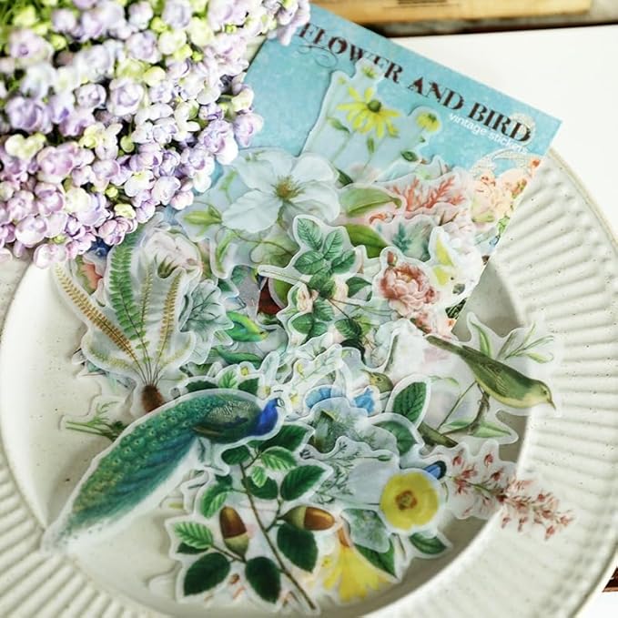 Vintage Vellum Stickers Floral Plants Elements Scrapbooking Supplies Flowers Botanic Natural Translucent Paper Self-Adhesive Junk-Journal Items (Bird Patterns)