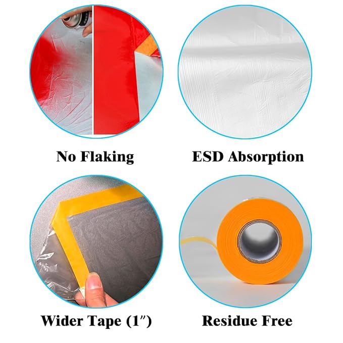 LLPT Tape and Drape 35.4”(Unfolded) x 66 Ft Each 2 Pack Pre-Taped Masking Film 0.27 Mil Painters Plastic Drop Cloth for Auto Wall Furniture Painting Protection (MFT902)