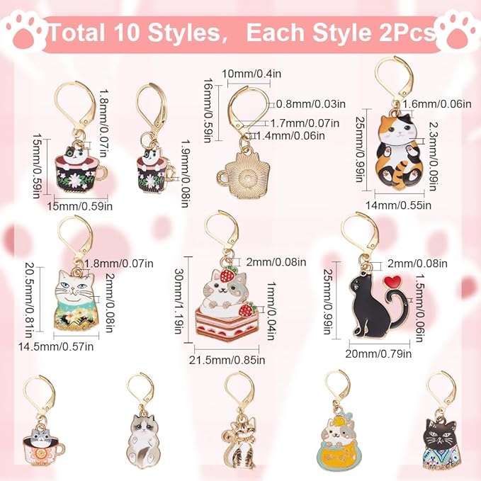 SUNNYCLUE 1 Box 20Pcs 10 Style Locking Stitch Marker Cute Stitch Markers Cat Pet Animal Leverback Knitting Charms Knitting Tools for Weaving Sewing Needleworks Women Adults DIY Crafts