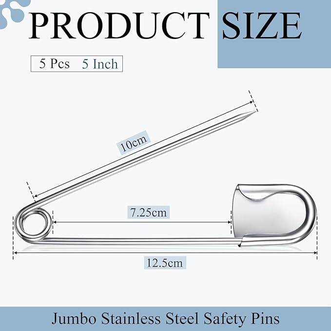 Juexica 5 Pcs 5 Inch Jumbo Stainless Steel Safety Pins Large Heavy Duty Huge Strong Laundry Pins for Upholstery Sewing Quilting Key Rings Craft Outdoor (Silver)