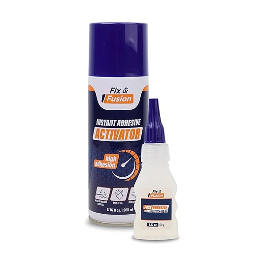 FIX & FUSION Ca Super Glue (1.77 Oz) with Activator Spray (6.76 Fl Oz) Set, Fast Adhesive/Cyanoacrylate Glue & Instant Activator for Woodworking, Plastic, Rubber, Granite, DIY & Industrial, (1 Pack)