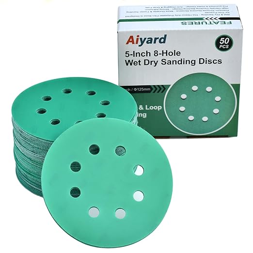 5-Inch 8-Hole Wet Dry Sanding Discs 1500 Grit, Polyester Film Backed Heavy-Duty Hook and Loop Sandpaper for Random Orbital Sander, 50-Pack