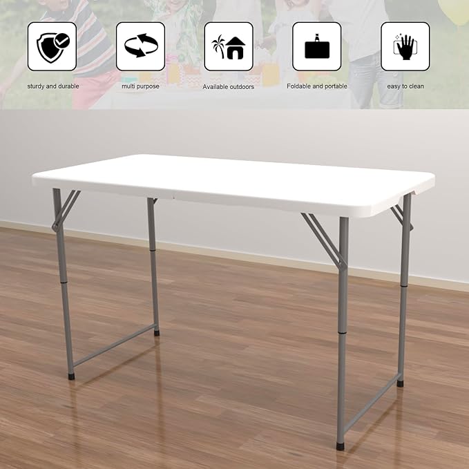 2-PCS 48" W x 24" D x 29.5" H - 4FT White Folding Table Heavy Duty Portable, Plastic Folding Utility Folding Table for Camping, Picnics & Parties